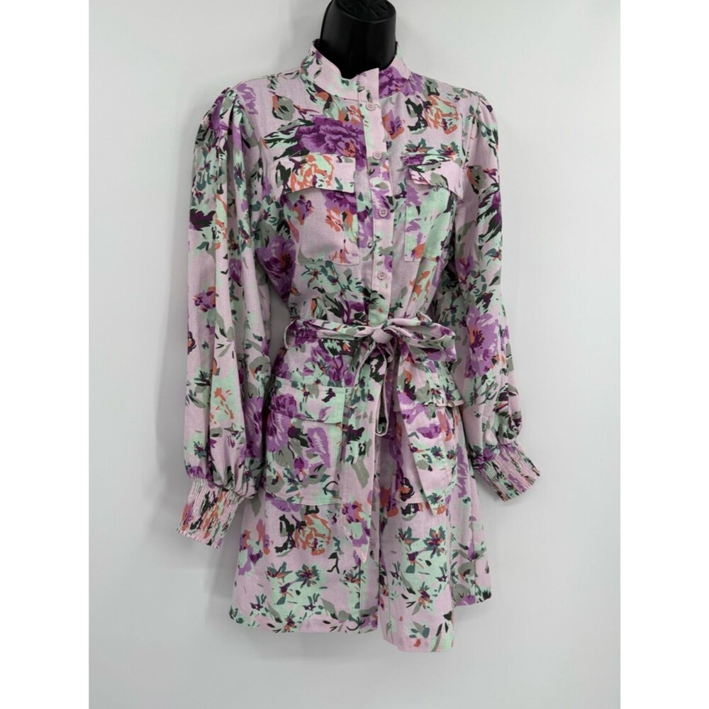Fate Floral Belted Puff Sleeve Cotton Linen Puff Sleeve Dress| Lavender | Small